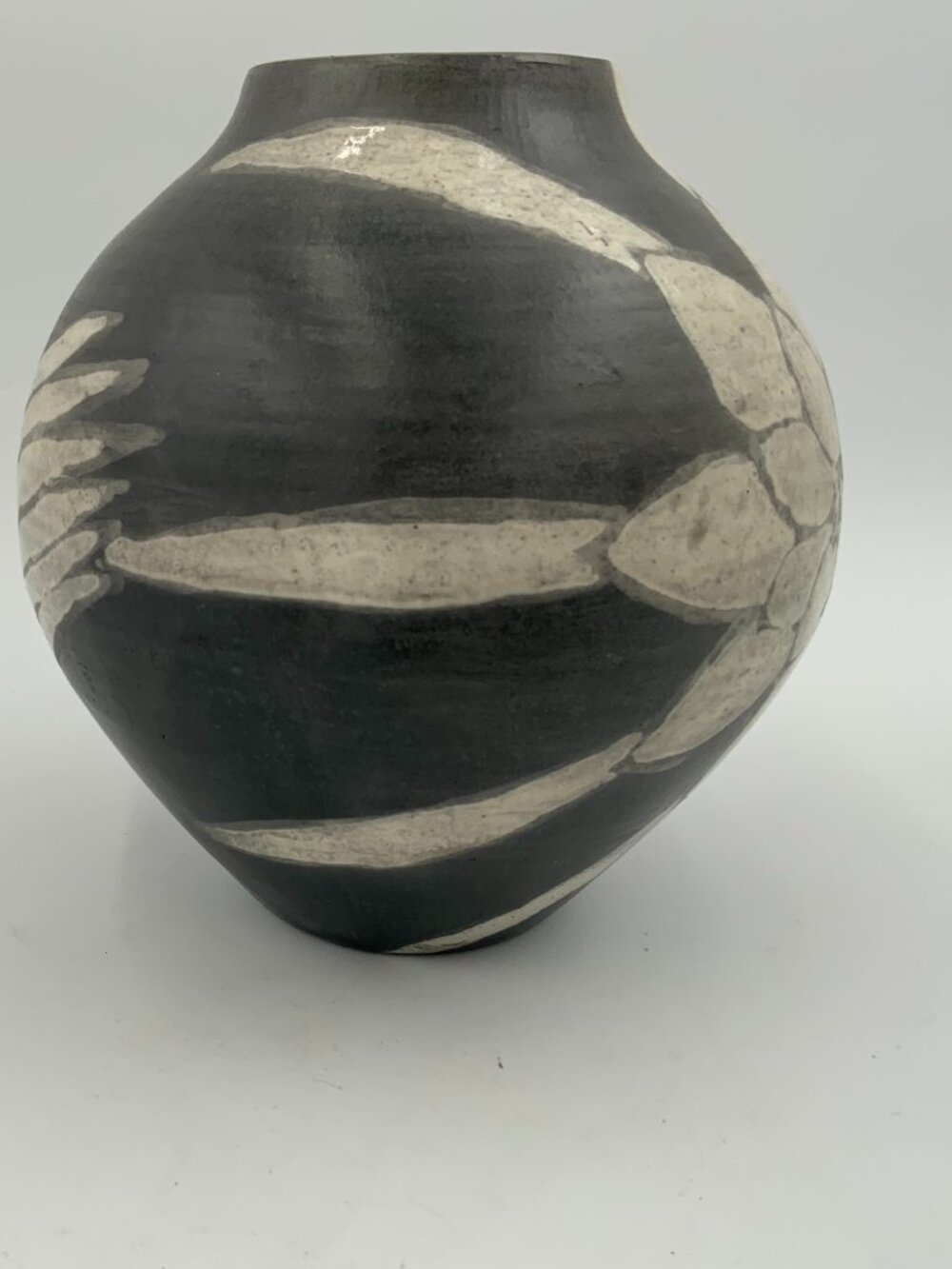 Signed Original Black Stoneware Vase with White Florals - Picture 6 of 9